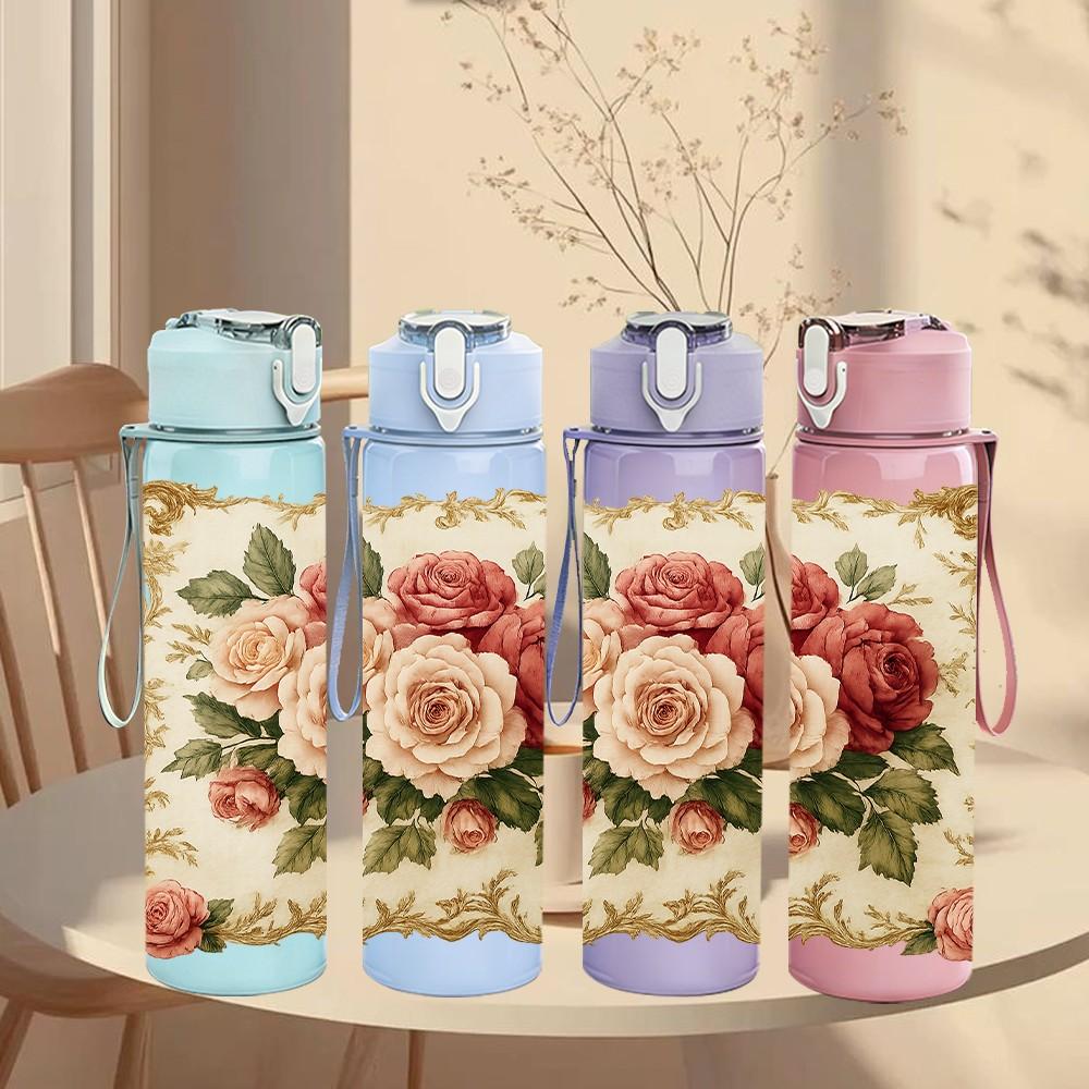 1PC Vintage Rose Floral Pillow 750ml Color Plastic Sports Water Bottle Leakproof Flip Straw Lid Suitable for Sports Office Home Use
