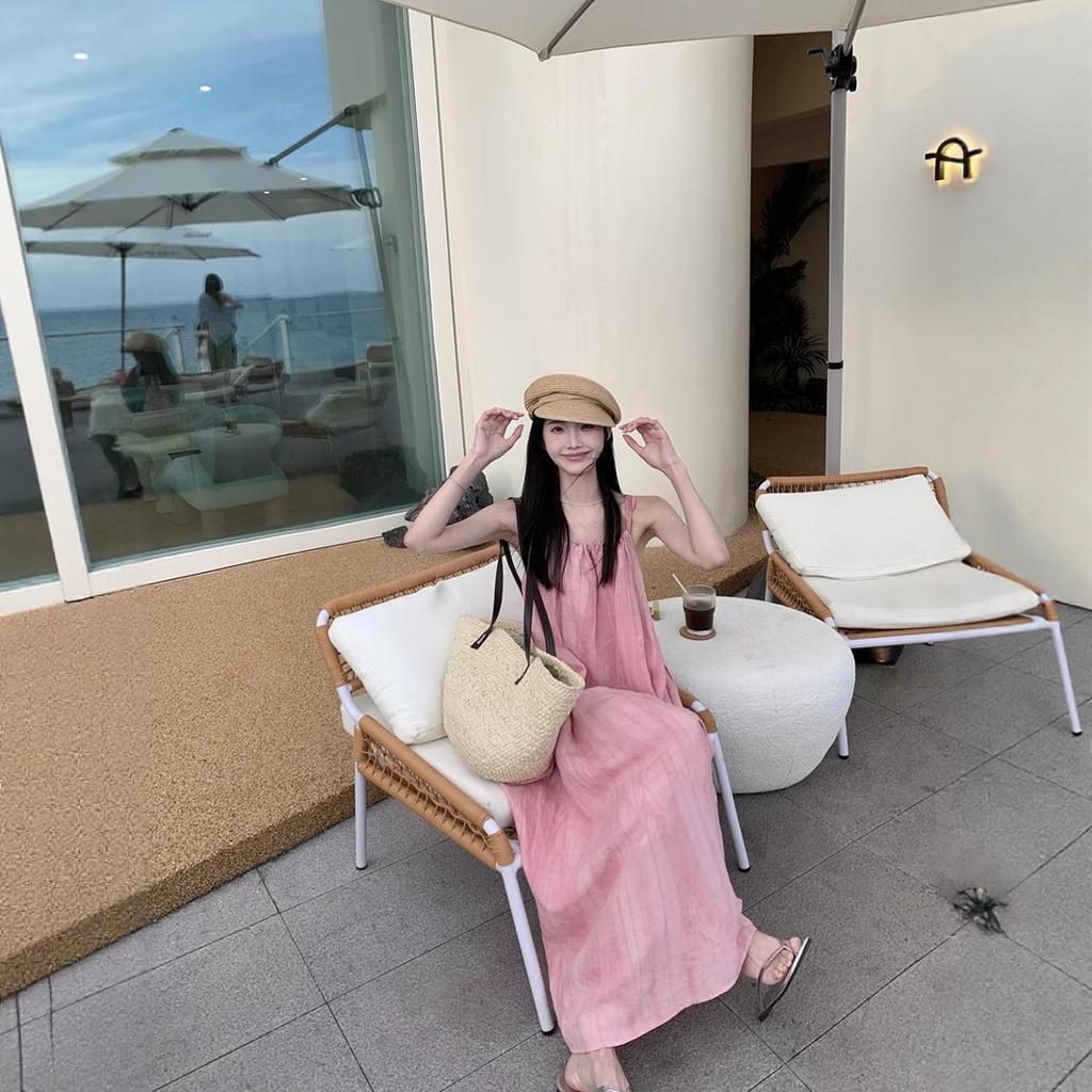 Summer pink suspender neck dress women's loose fat mm seaside dress sleeveless seaside piece clothes