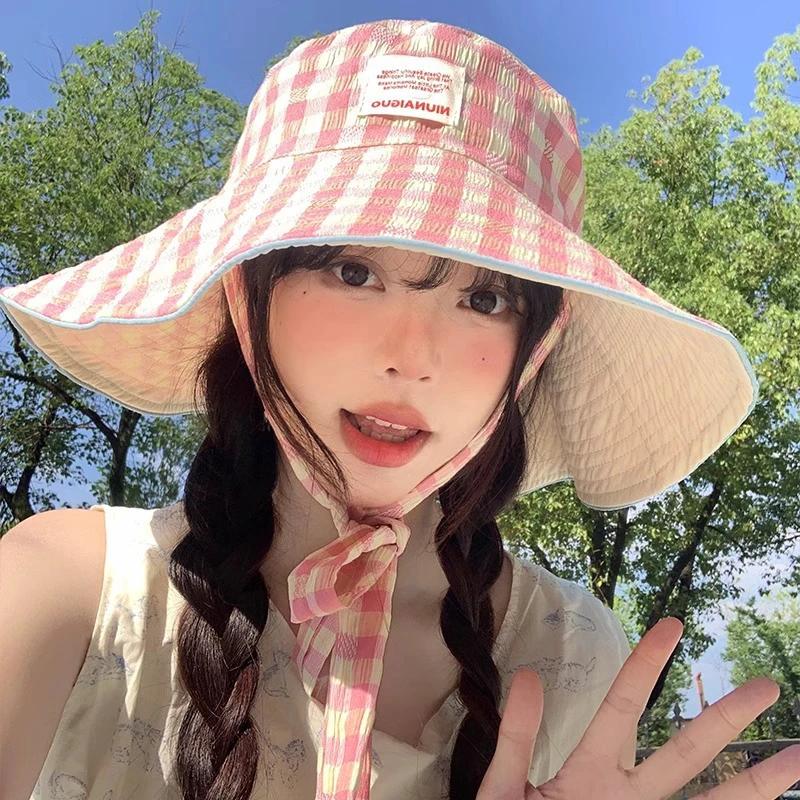 Double-sided Plaid Wide-edged Lace-up Bucket Hat Summer Outdoor Versatile Sunscreen Sweet Contrasting Color Plaid Women's Caps