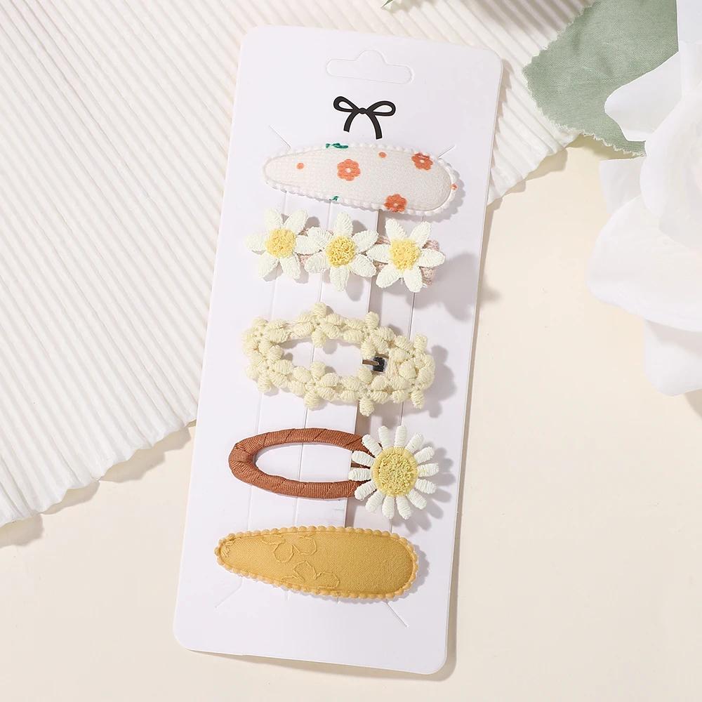 RAINBOW BOWS 5Pcs/Set Girls Boutique Headwear Hair Clip Embroidered Printing Barrette Fresh Daisy Hairpin Kids Hair Accessories