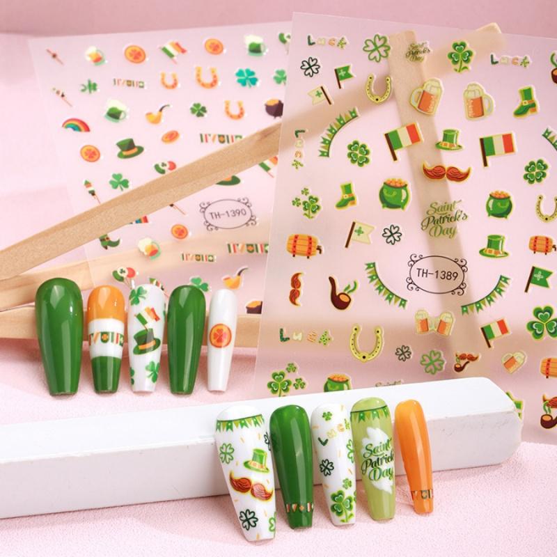 1Pcst. Patrick'S Day Nail Art Stickersdiynail Stickers Lucky Clover Four-Leaf Clover Irish Festival Nail Decoration Stickers