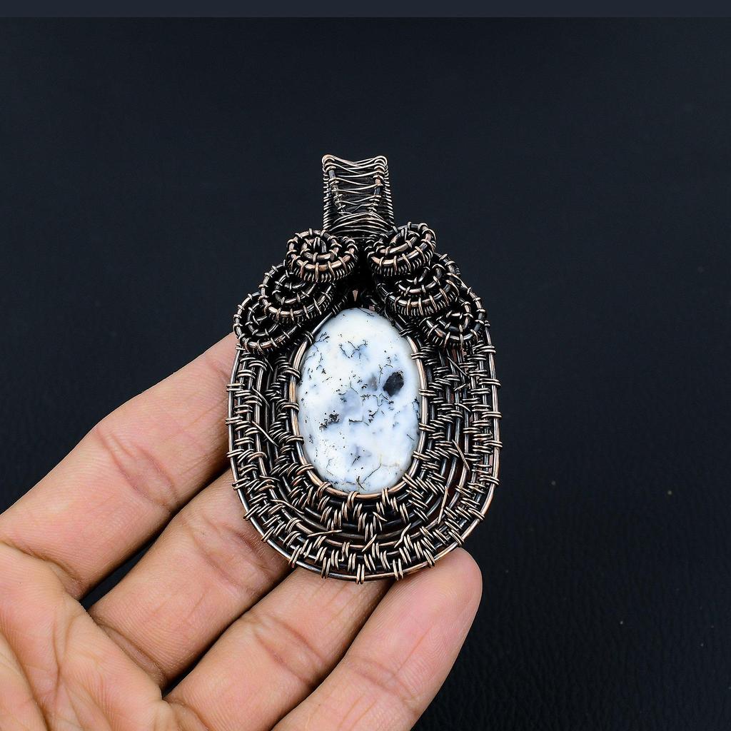 Dendrite Opal 999 Copper Wire Wrapped Pendant, Handmade Gemstone Jewelry Pendant Gift For Birthday