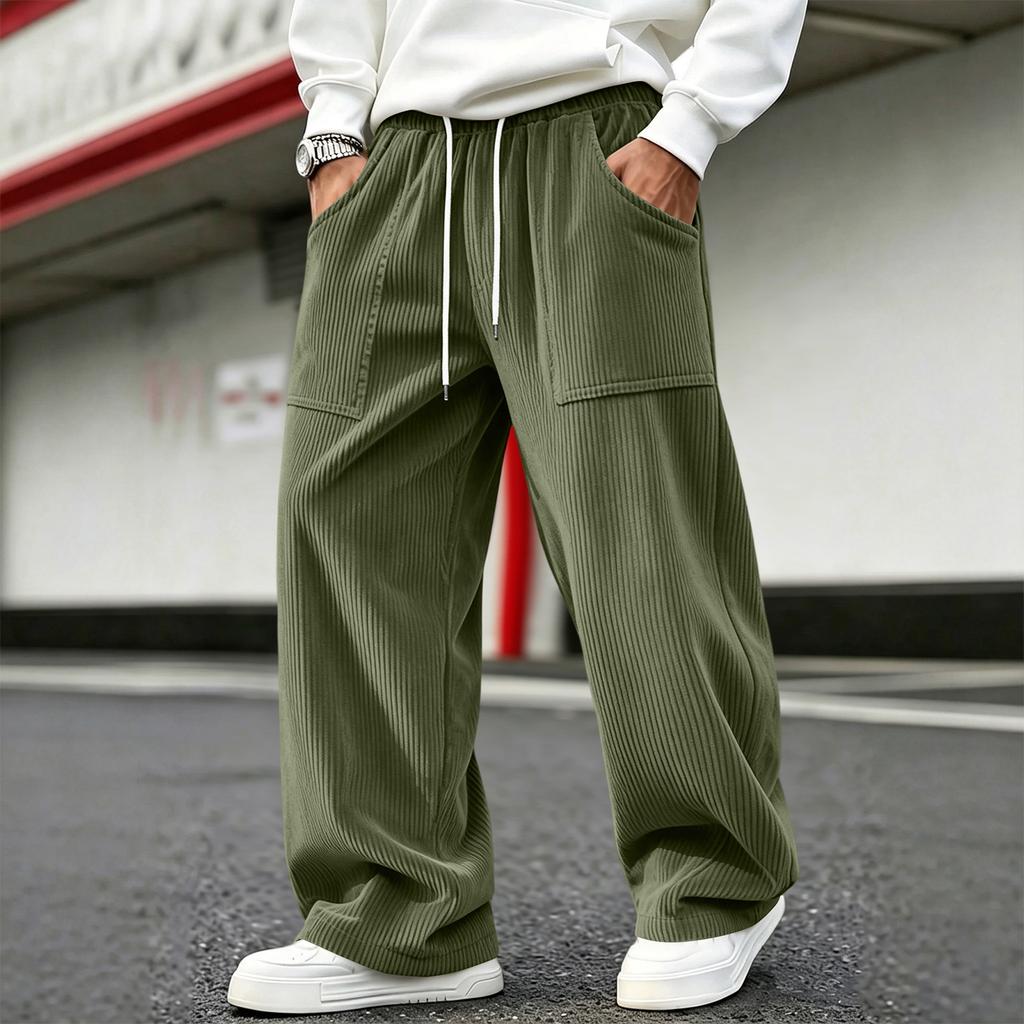 Men's Corduroy Pants Loose Fit Straight Leg with Elastic Waist for Casual Everyday Wear