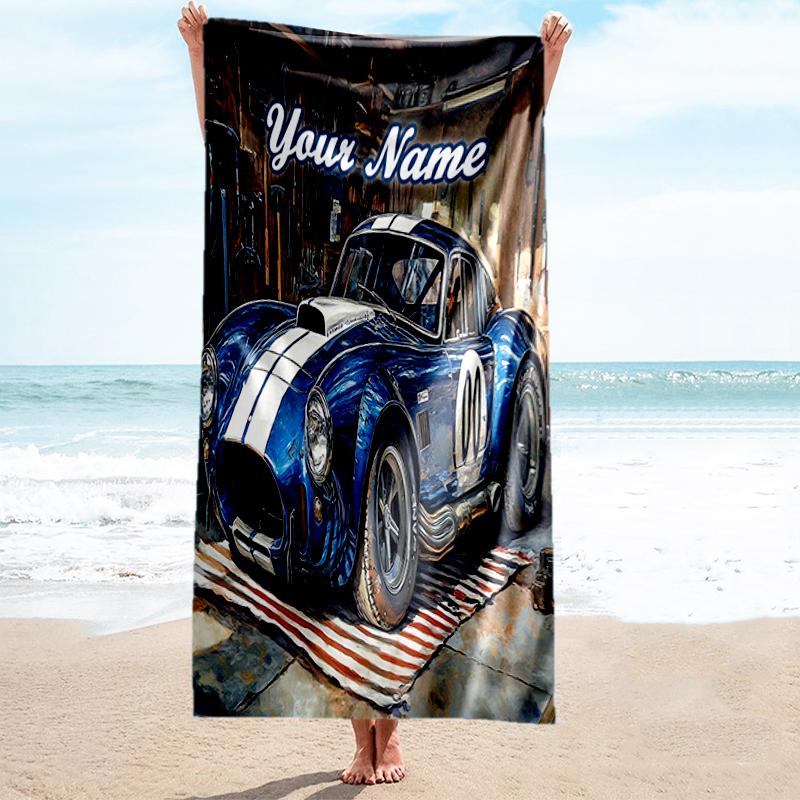 1PC Custom Name Classic Car Garage Scene Beach Towel Highly Absorbent And Sand-Resistant Towel for Swimming, Pool, Yoga, And Travel Lightweight