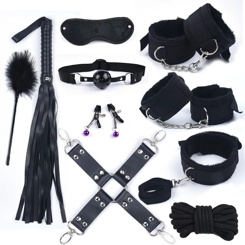 BDSM Bed Restraint Toys - 11-piece Couple Restraint Set Strange Toys with Nipples Handcuffs Collars Ankles Cuffs and Eye Masks