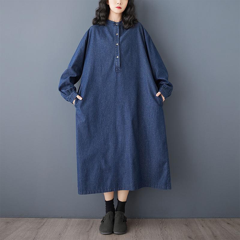 

Women s Retro Distressed Polo and Stand Collar Denim Midi Dress, Plus Size-Friendly for Spring/Autumn 3XL