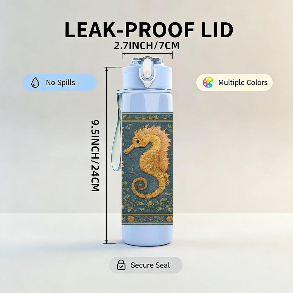 1PC Seahorse Vintage Ocean Pattern Print 750ml Color Plastic Sports Water Bottle Leakproof Flip Straw Lid Suitable for Sports Office Home Use