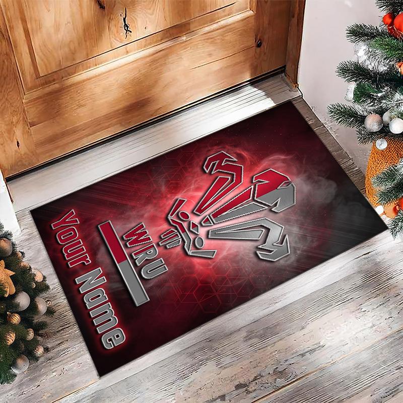 Wales Rugby Crystal Velvet Rug, Custom Name Text Personalized Non‑Slip Floor Mat for Home Decor Gift