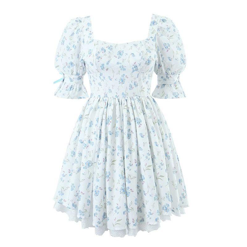 

Fresh Square Collar Lace Slim Looking Dress Lace Blue wind chimes with flowers(High quality) L