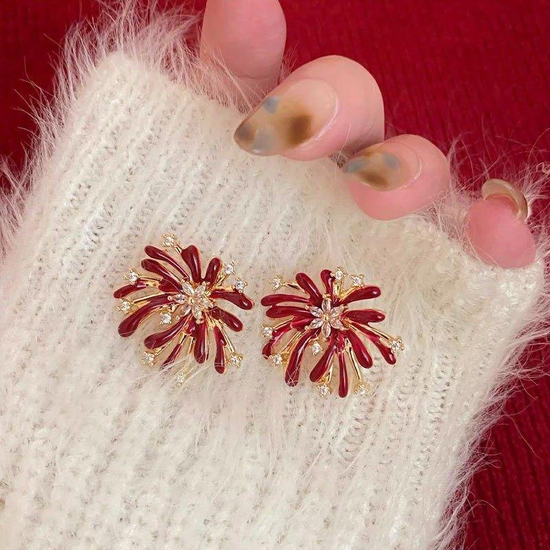 Red Wine Color Glazed Ceramic Flower-shaped Earrings - Elegant and Beautiful, Perfect for Various Outfits. Ear Ornaments.