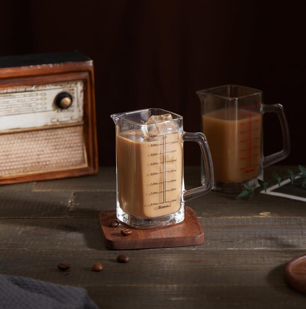 Square Measuring Cup Shot Glasses - 4oz with Glass Handle, V-Shaped Spout. Ideal for Espresso, Liquid Separation