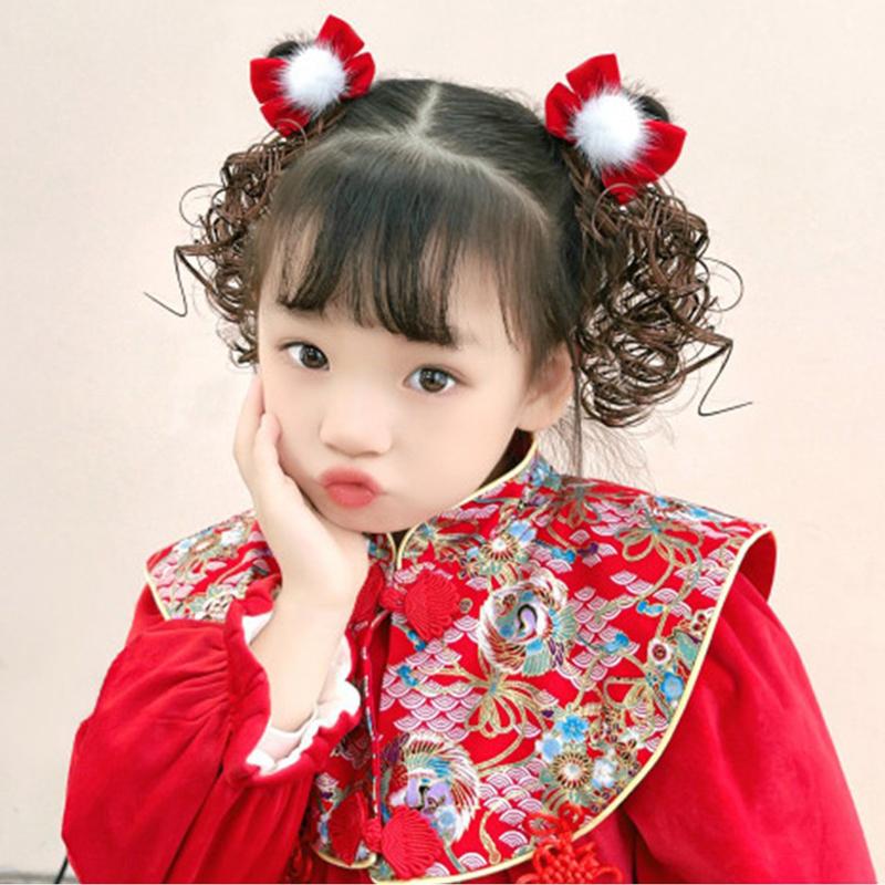 Kids Girl Wig Hair Clip Red New Year Headwear Plush Ball Bow Barrettes Children Hairpins No Harm Baby Headpiece Accessoriess