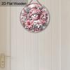 Pink Snowman Poinsettia Christmas Round Wooden Hanging Sign, 2D Flat Printed Front Door Decor, Winter Floral Xmas Wall Ornament Gift