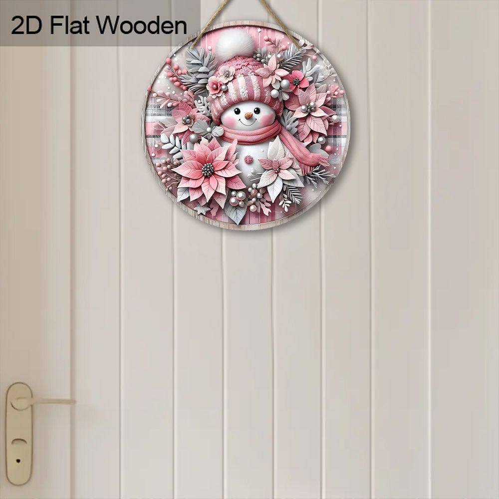 Pink Snowman Poinsettia Christmas Round Wooden Hanging Sign, 2D Flat Printed Front Door Decor, Winter Floral Xmas Wall Ornament Gift
