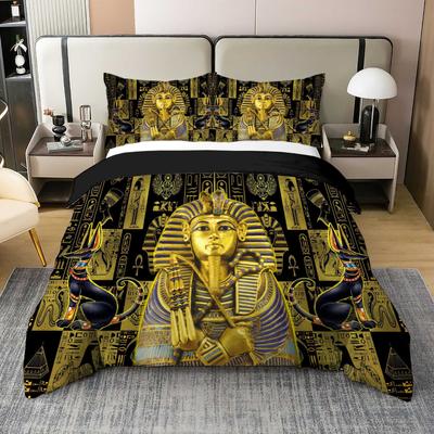 Ensemble de housse de couette 3D Rétro Égyptien 2/3 pièces, Impression Dorée Noire Pharaon Anubis Parure de lit avec taies d'oreiller Pour Chambre à coucher Invité