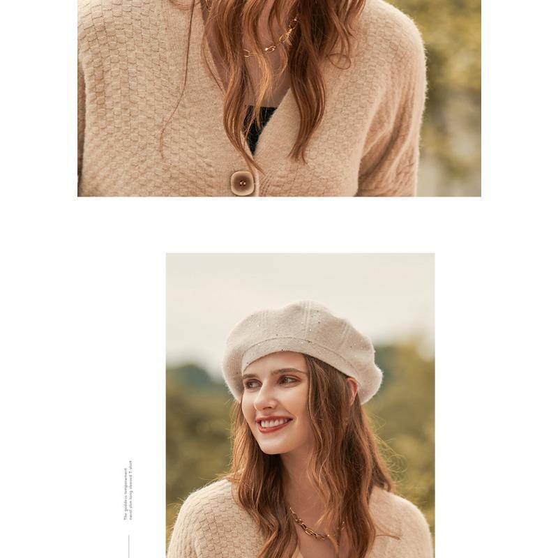 Glitter beret women's autumn and winter woolen hat with fleece winter knitted hat solid color women's hat
