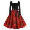 Women's Fashion Retro Long-sleeved Square Collar Christmas Printed Evening Dress
