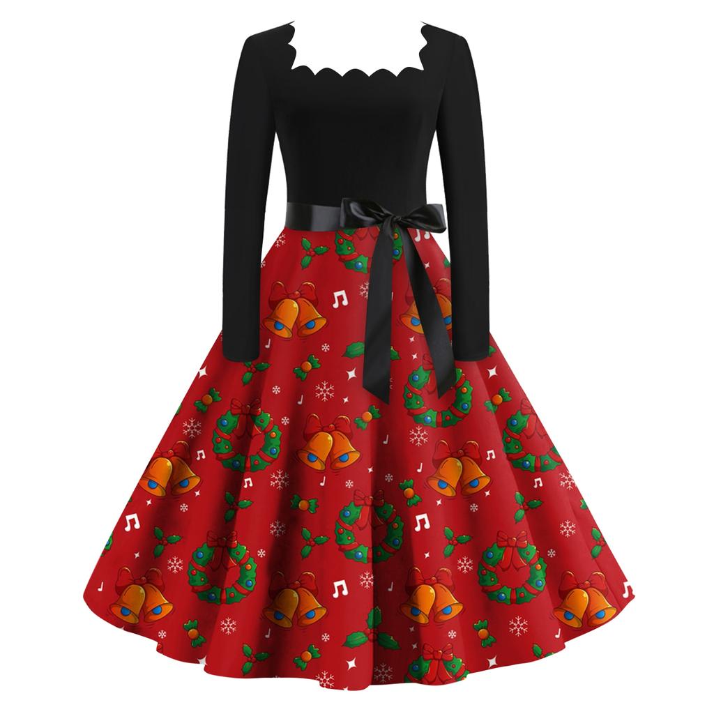 Women's Fashion Retro Long-sleeved Square Collar Christmas Printed Evening Dress
