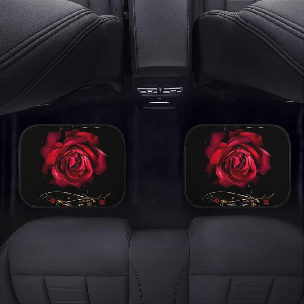 Red Rose Print Stylish Floor Mat for Car Rubber Anti-Slip Carpets Cushion All Weather Heavy Dust Car Floor Mats 4 Piece Set