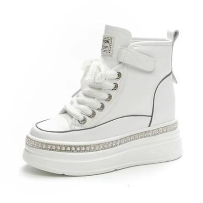 Mode 8CM High Top Damen Echtleder Plateau Stiefel Keilabsatz Versteckter Absatz Haken Frühling Herbst Bling Damen Schuhe Sneakers Stiefeletten