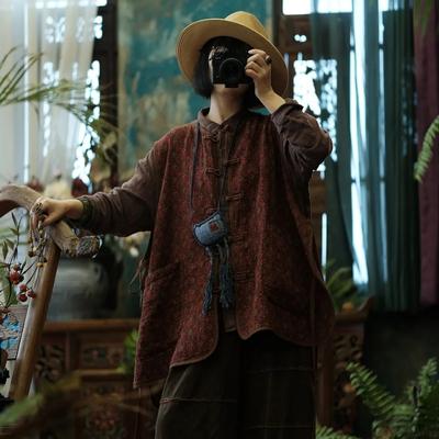 Women Vintage Print Floral Vests Coats Button Sleeveless V-Neck Autumn Chinese Style Pockets Vests