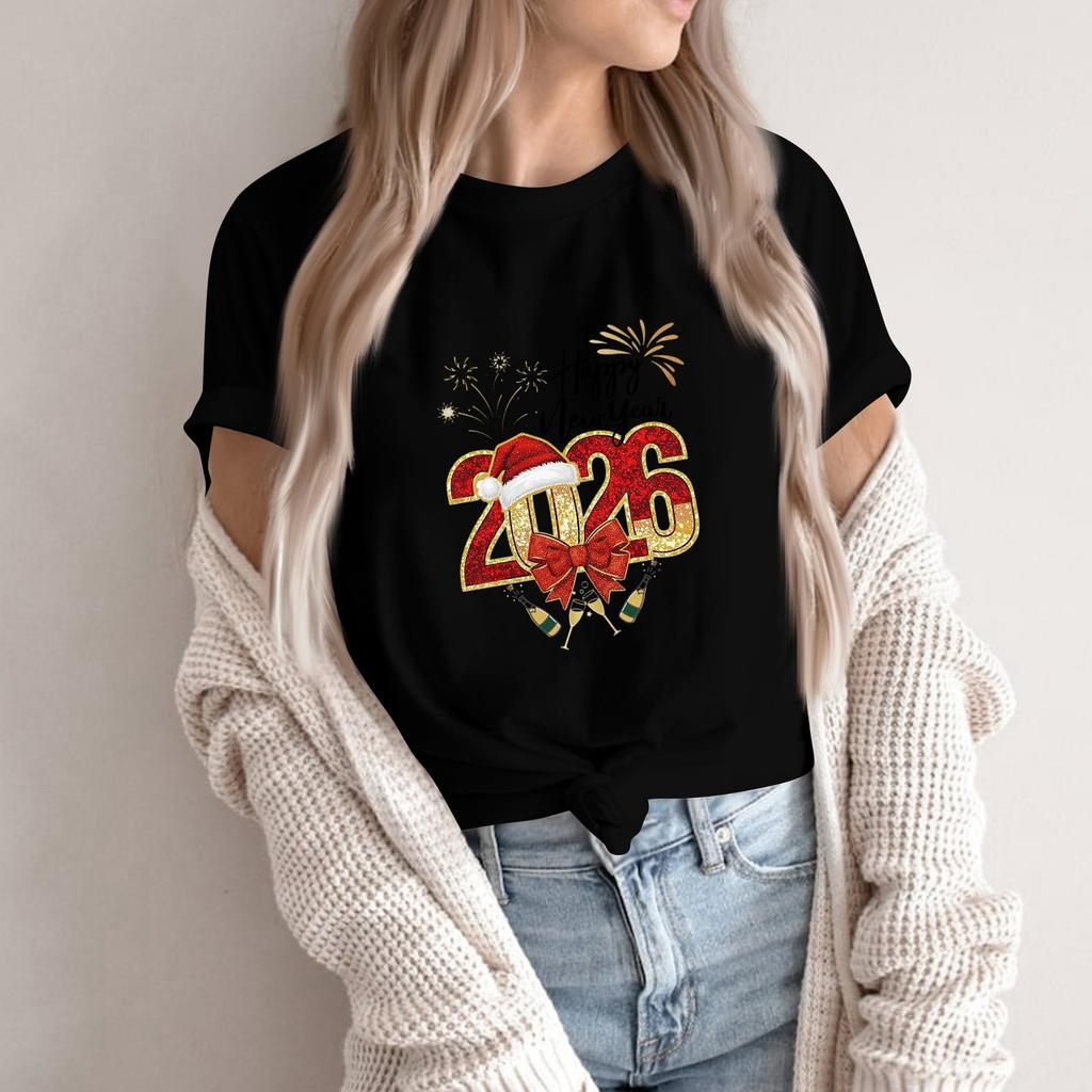 Women's Fashion 2026 New Year Printed Round Neck Short Sleeve Top