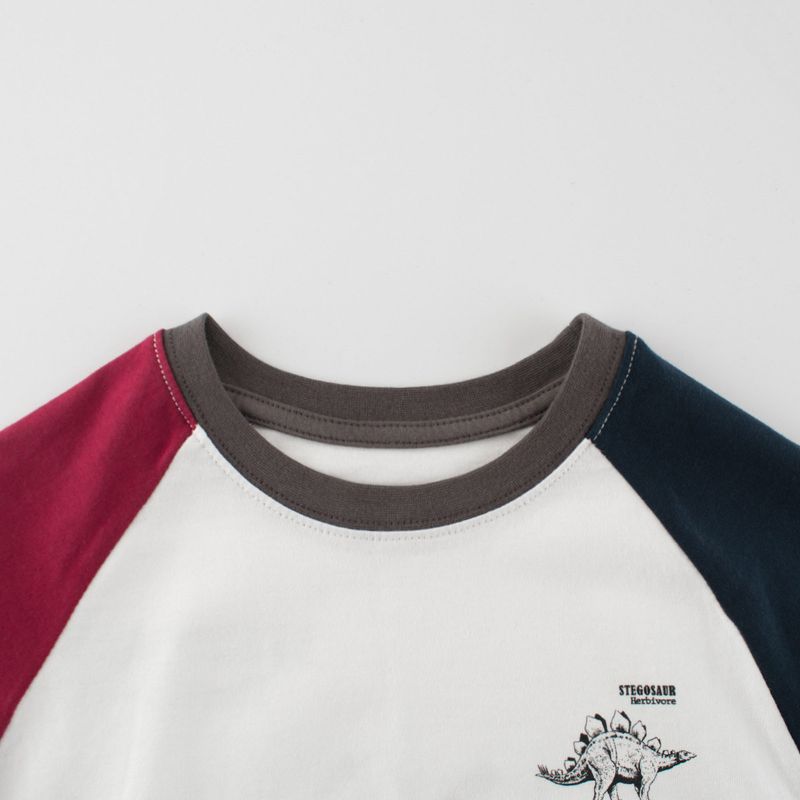 Clothing Children's Spring and Autumn Contrast Color round Neck Long Sleeves T-Shirt Boys and Girls Pure Cotton Dinosaur Children's Bottoming Shirt