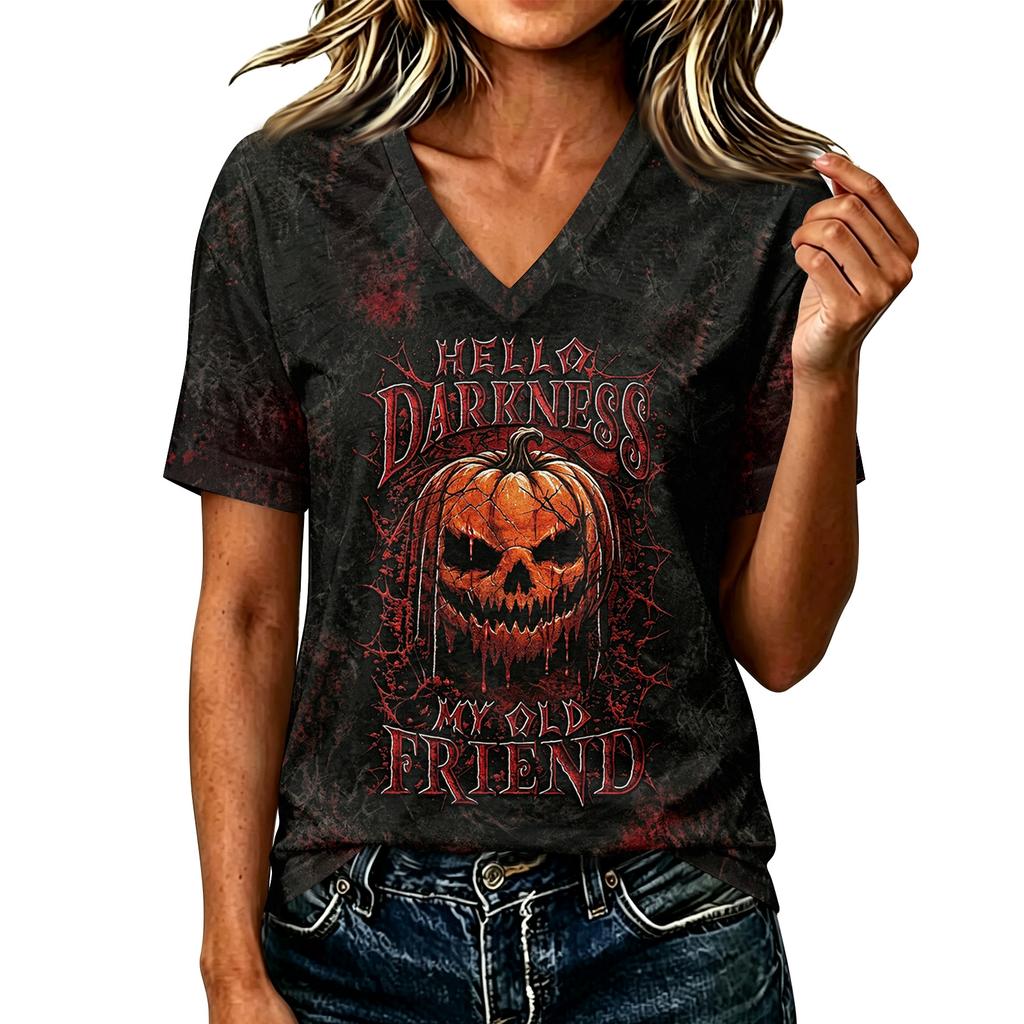 Women's Casual V-Neck Top with Halloween Print for Fall Festive Wear