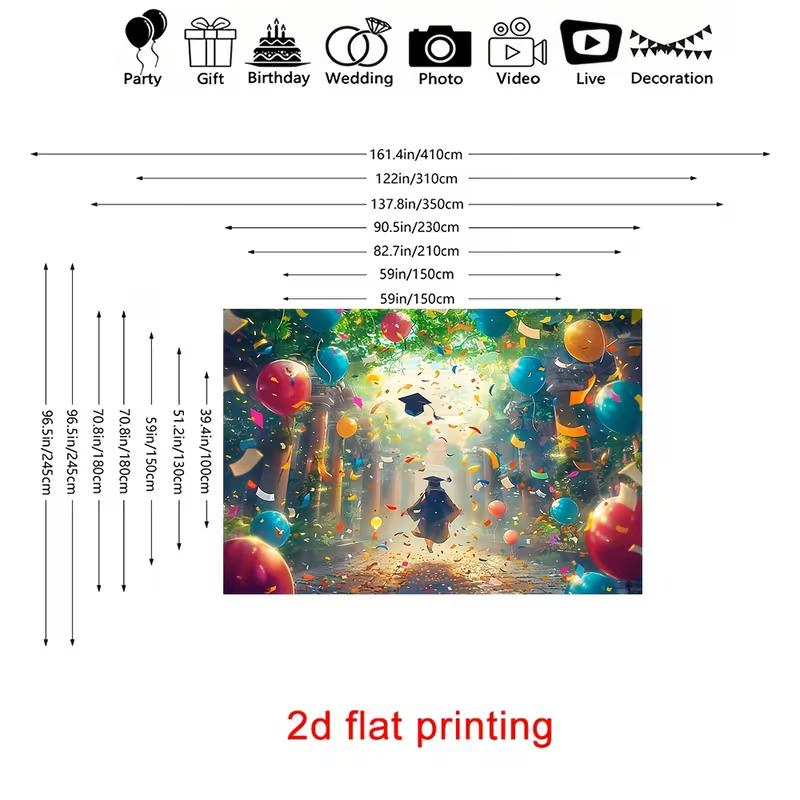 2D Graduation Cap Backdrop, Party with Balloons & Confetti Background