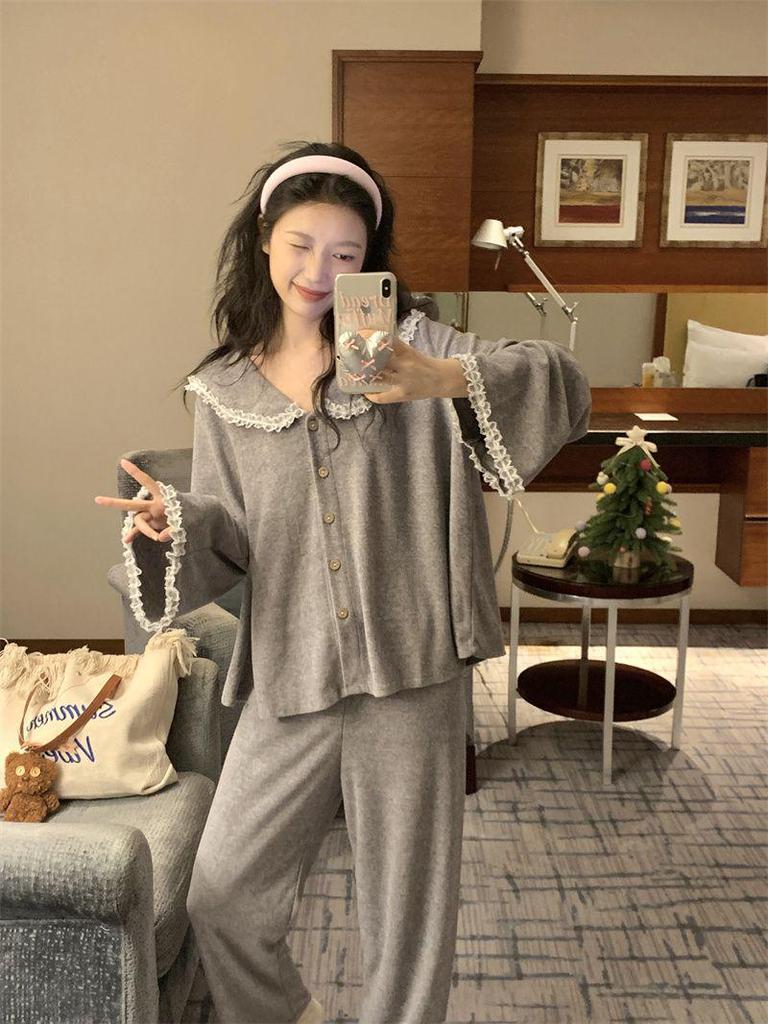 Korean Style Pajama Set: Women's Cute Lace Doll Collar, Long Sleeve & Pants for Spring/Autumn
