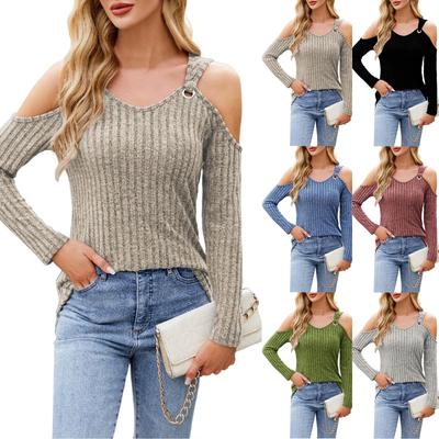 Women's New Fashion Sexy Off-shoulder Ribbed Brushed Top Long Sleeves