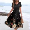 Women's Summer Casual Fashion Print Pocket Short Sleeve V-Neck Swing Dress