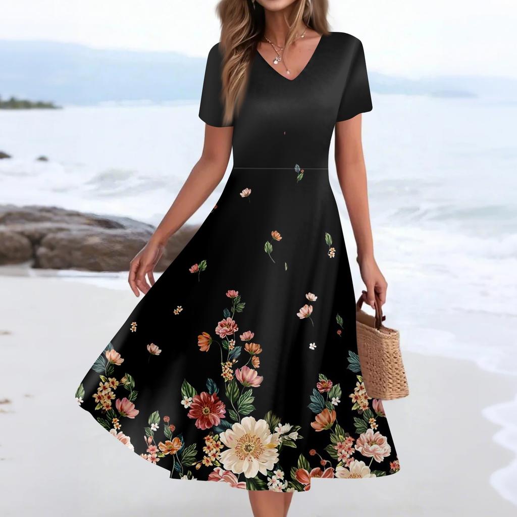 Women's Summer Casual Fashion Print Pocket Short Sleeve V-Neck Swing Dress