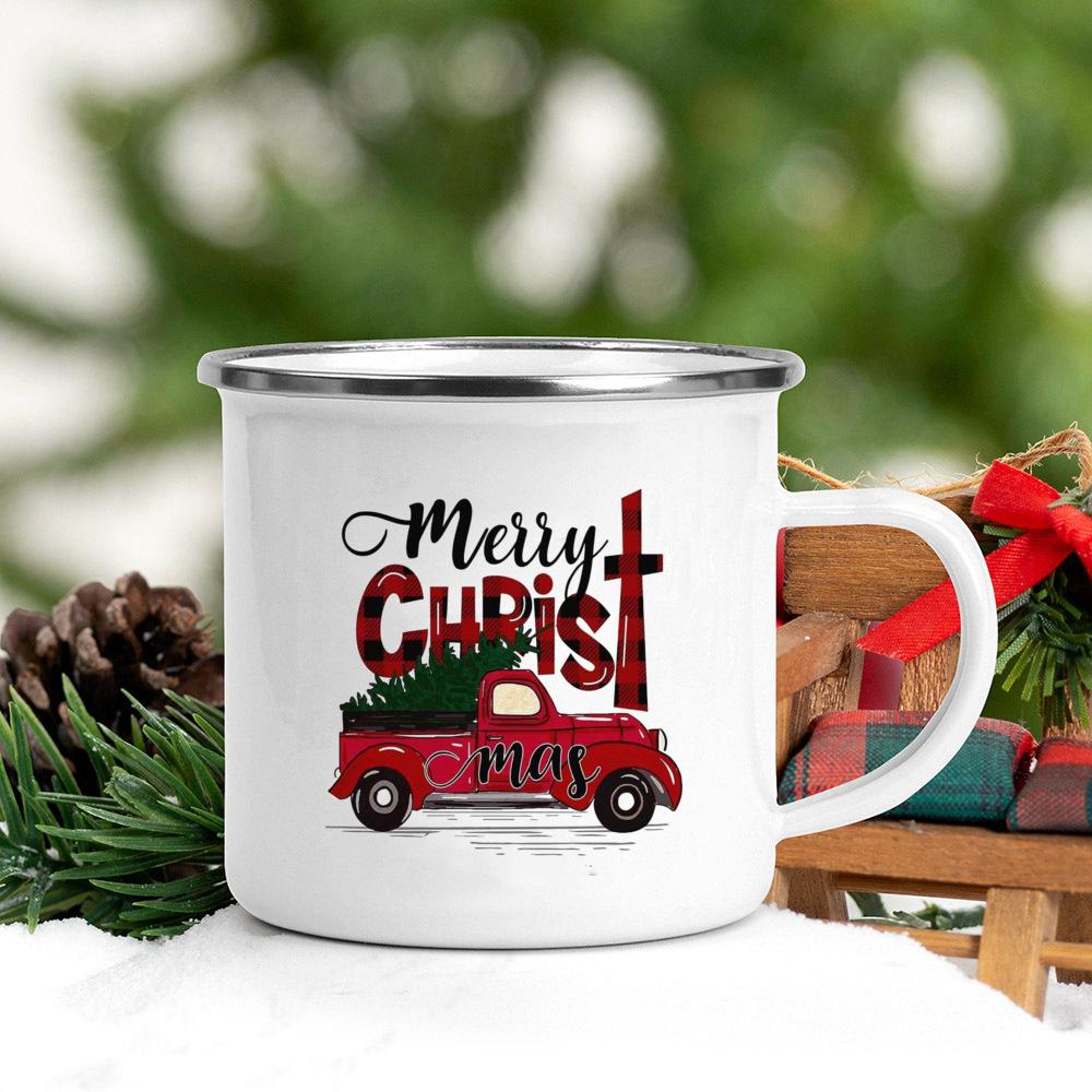 Truck Christmas Tree Printed Coffee Mugs Enamel White Drink Mug Handle Beer Cups Party Table Decoration Gifts for Family Friends
