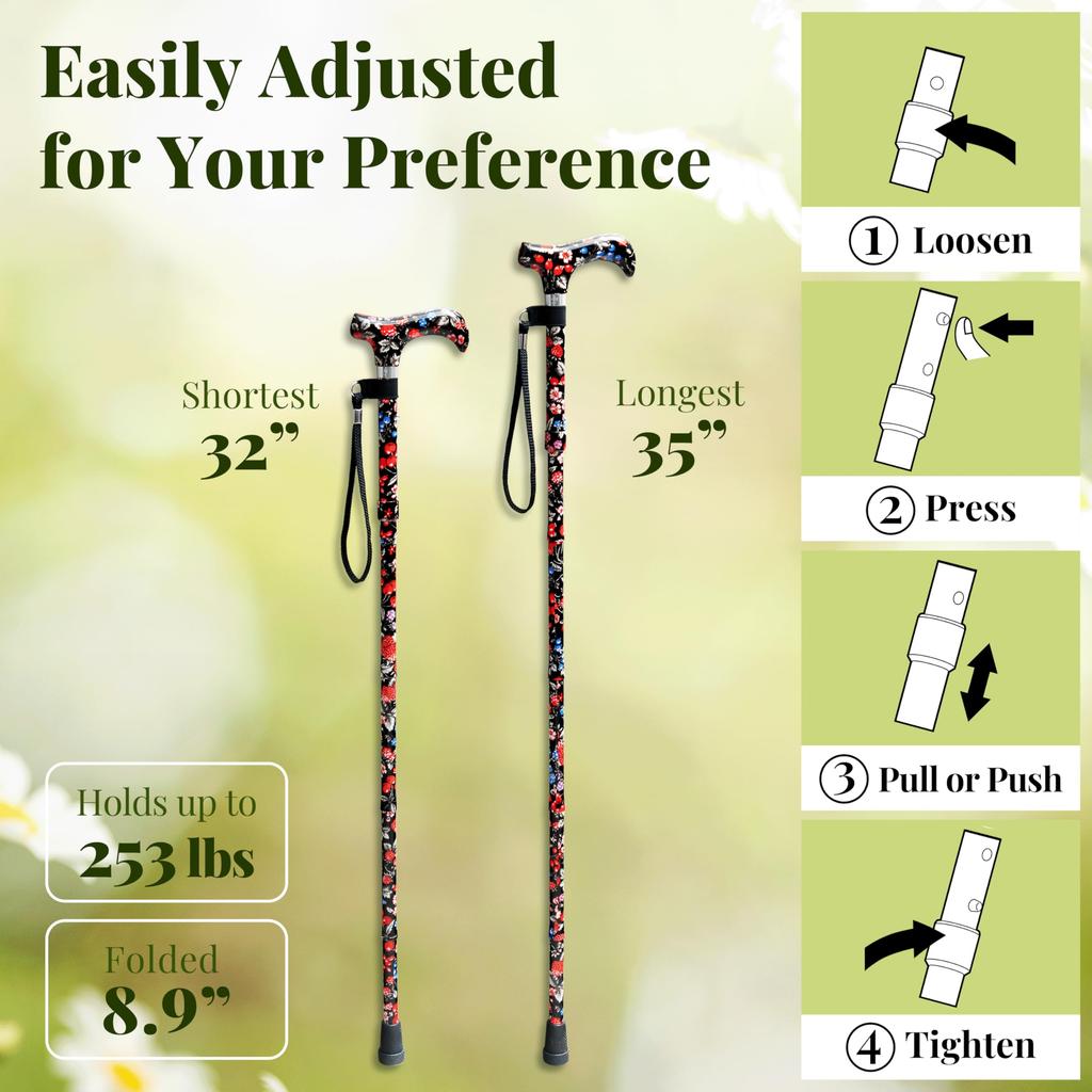 Merry Sticks Foldable Walking Adjustable Canes for Women and Folding and Collapsible Canes for Includes A Cane Bag and A Smart Reflective Cane Holder