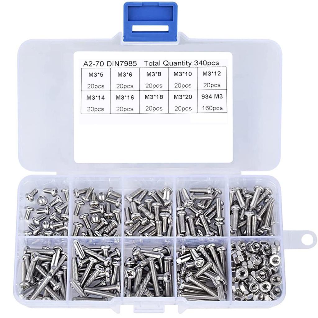 Samcos Machine Screw 180 M3 Stainless Steel Screws and 160 Hex for Precision Machinery and Set Storage Set, Cross-Recessed Nuts, Corrosion-Resistant,