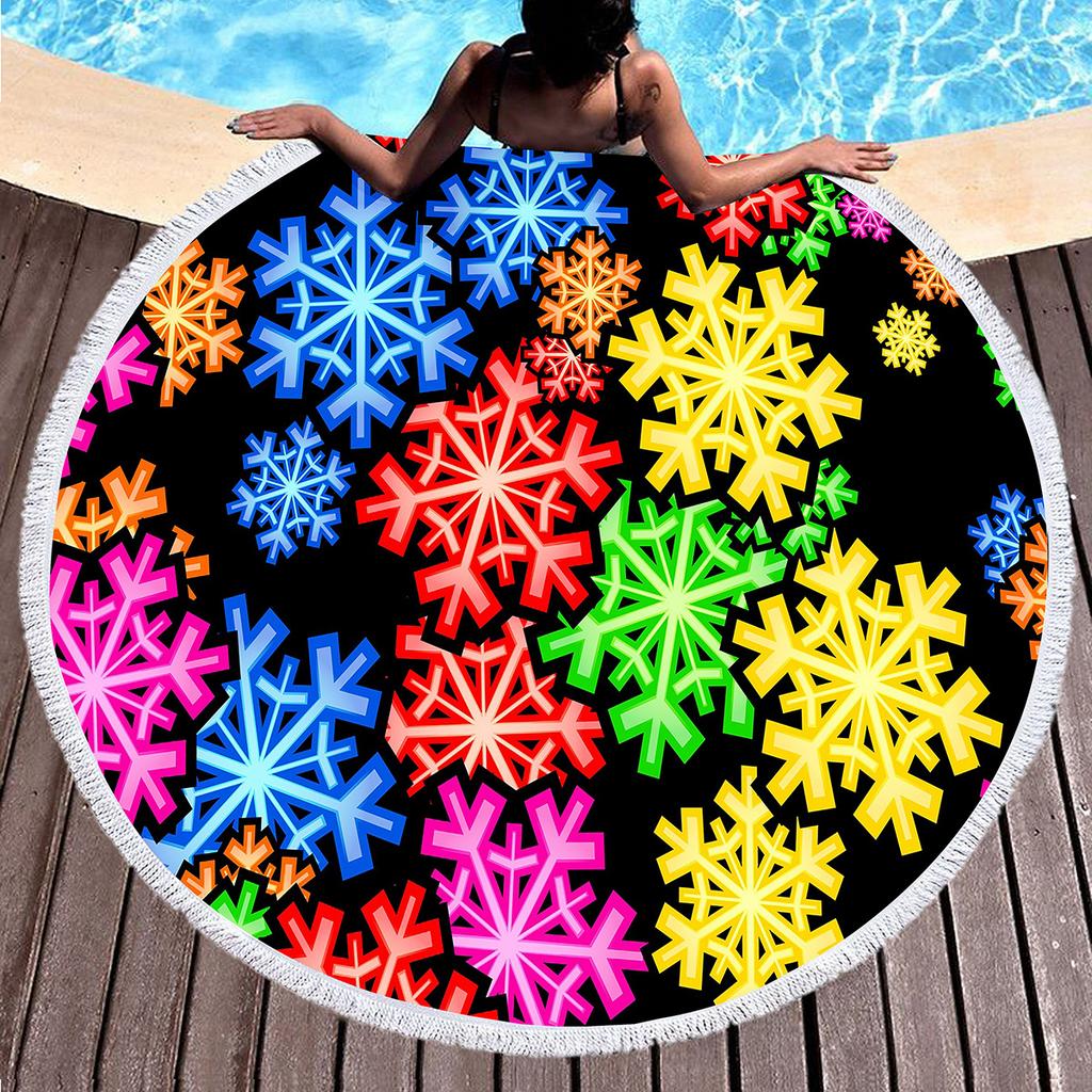 Winter Snowflake Round Beach Towel,Natural Theme White Snowflake Beach Blanket,Quick Dry Towel For Pool Travel Yoga Picnic Sport