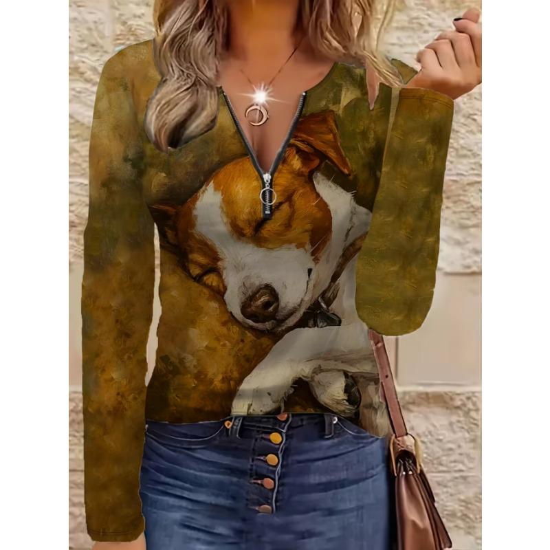 Women's Elegant Printed Zipper Long-sleeved Top, Stylish and Versatile for Autumn and Winter Casual and Office Wear, Machine Washable