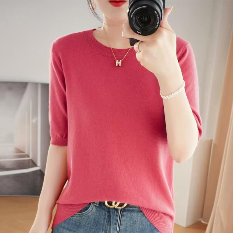 Loose Women's Round Neck Short Sleeve Knitted Sweater T-Shirt Base Layer Spring Autumn Short Top