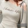 unifree American Retro Letter Print Off-Shoulder T-Shirt