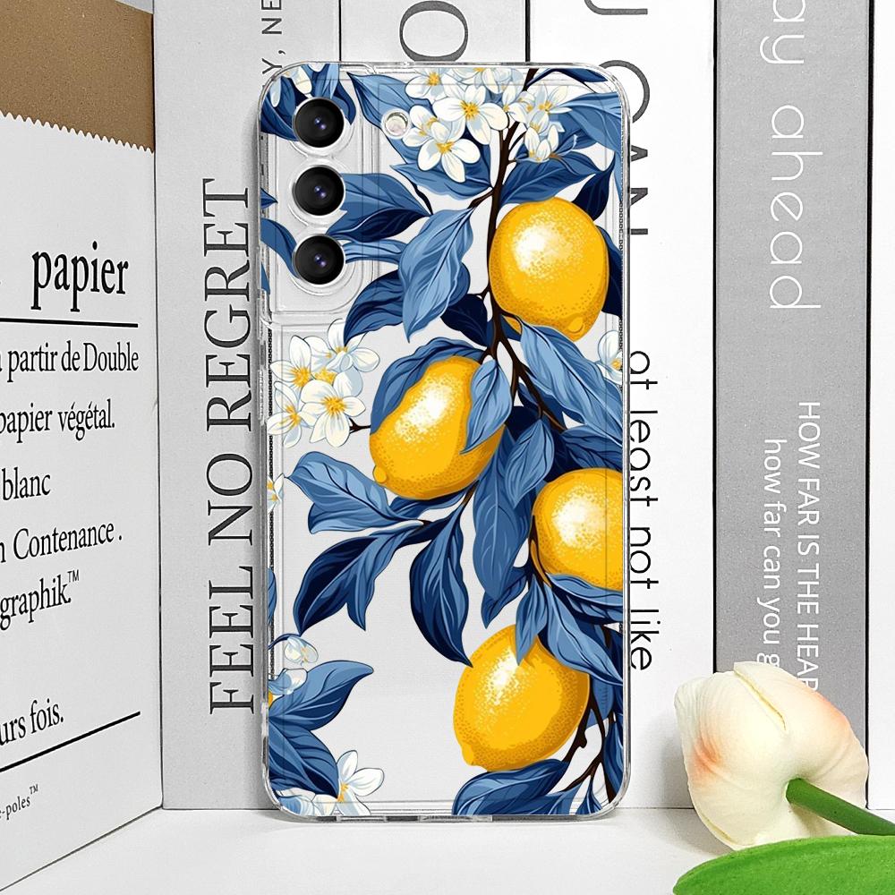 Blue Leaf Yellow Lemon Fresh Printed Clear Phone Case for Samsung Galaxy S26 S25 Ultra S24 S23 S22 Plus S21 FE S20 5G Soft Cover