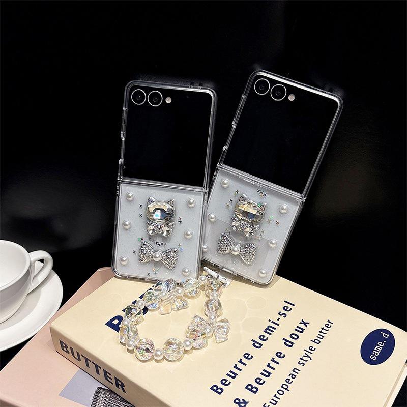 Compatible Samsung Z Flip7 Rhinestone Cat Case with Z Fold8 Pearl Crystal Chain Transparent Glitter.
