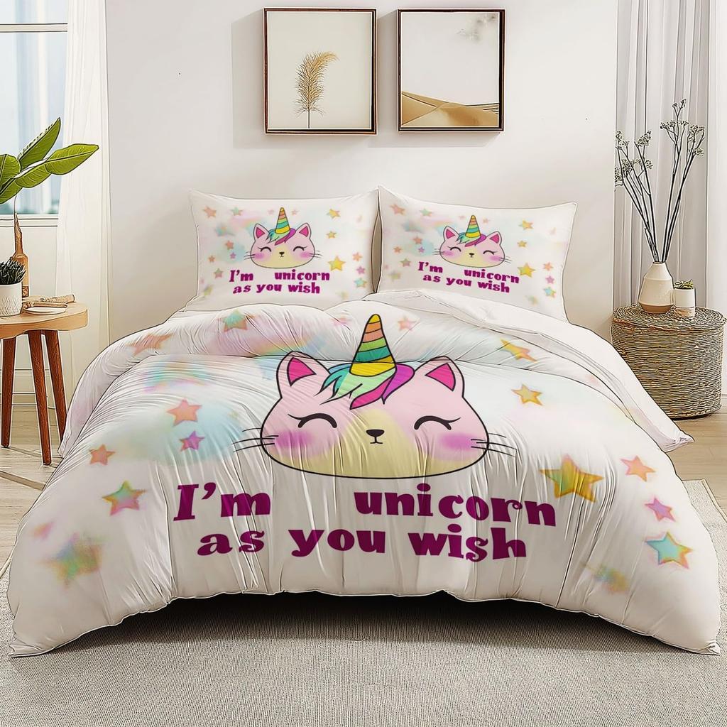 Comforter Cartoon Cat Unicorn Sweet Strawberry Milk Bedding Set Pet Animals Comforter Desserts Cakes Food