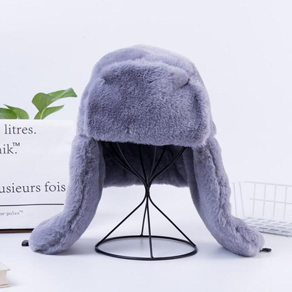 Women Winter Plush Bomber Hat with Earflap Solid Color Lady Thicken Warm Ushanka Hat