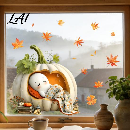 Cute Ghost Pumpkin Decals Autumn Ghost/Gnome Static Glass Sticker PVC Waterproof Maple Leaves Window Removable Party Supplies Decal Cling