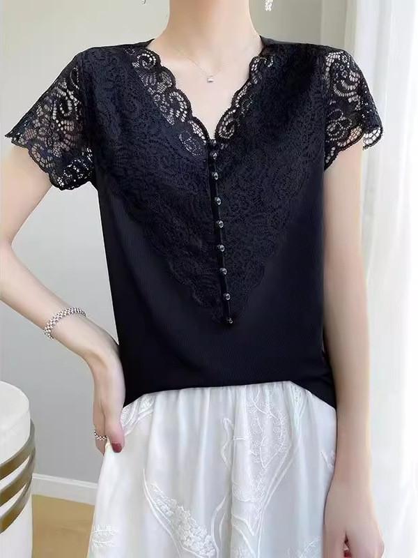 Summer Slim Fit T Shirt With Lace Paneling Polyester Fabric For Office Wear For Women