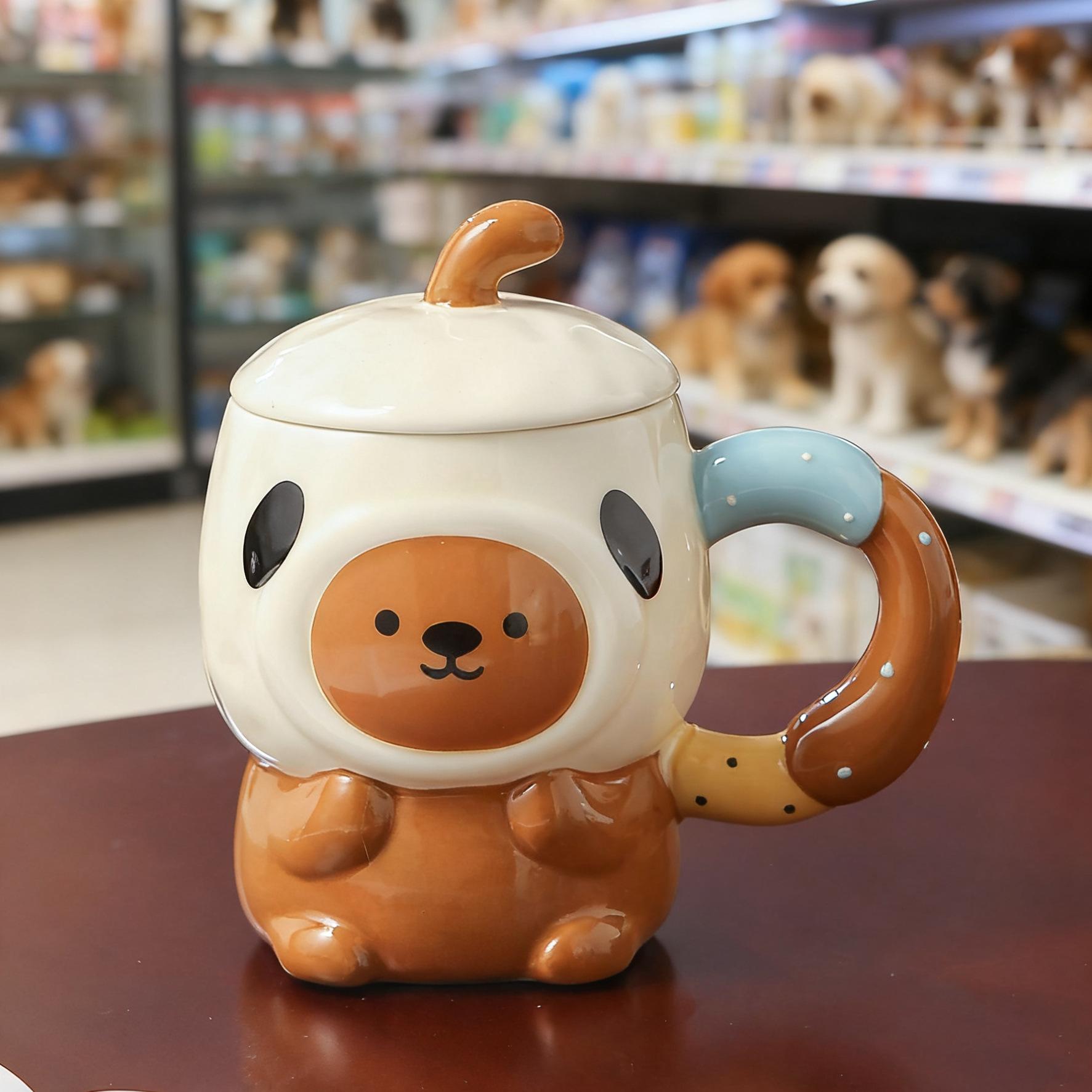 Cute cartoon animal shape ceramic cup high value dustproof mug with lid set water cup girls  office cup ≈400ml