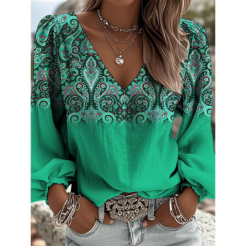 Printed retro western-style shirt, V-neck women's long-sleeved top, Bohemian-style fringed sleeve design, suitable for casual wear and vacation
