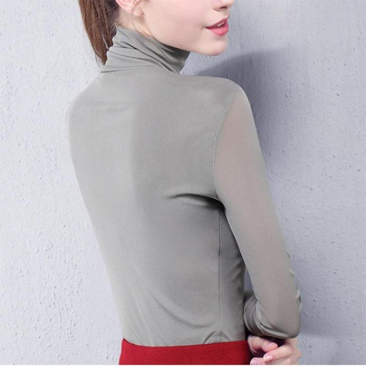 New  Autumn Winter Velvet Mesh High Collar Long Sleeve Tops Women Solid Color Stretch Tight Fit Inner Shirts