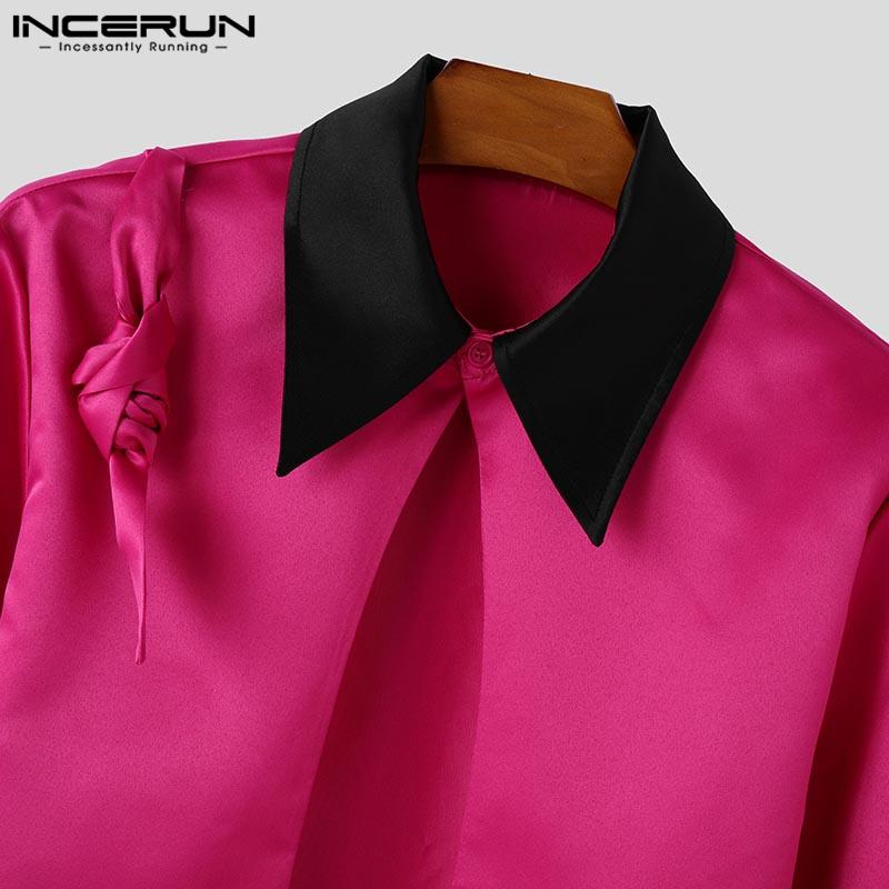 INCERUN Men Lapel Neck Long Sleeve Satin Shirts Solid Color Bandage Hollow Front Cross Tops
